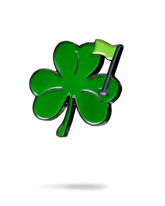 Pins and Aces shamrock ball marker with melting smile design, perfect for golf accessories and ball marking.