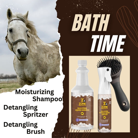 Zone Protects Silk Stride Detangle Equine Bundle horse grooming kit being used during bathtime for detangling and grooming.
