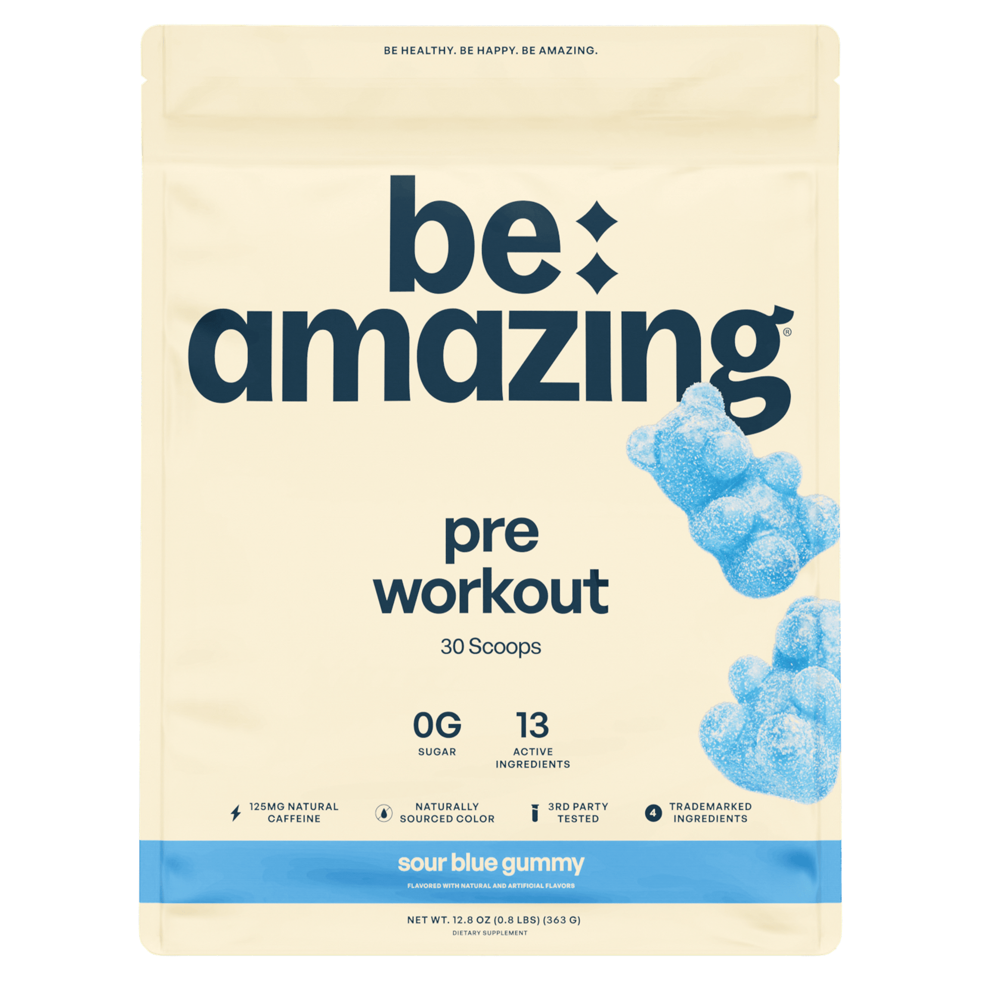 Be Amazing Sour Blue Gummy Pre-Workout supplement container with blue gummy candies, designed to boost energy and focus.