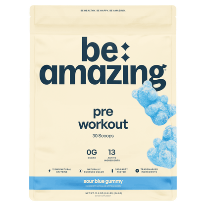 Be Amazing Sour Blue Gummy Pre-Workout supplement container with blue gummy candies, designed to boost energy and focus.