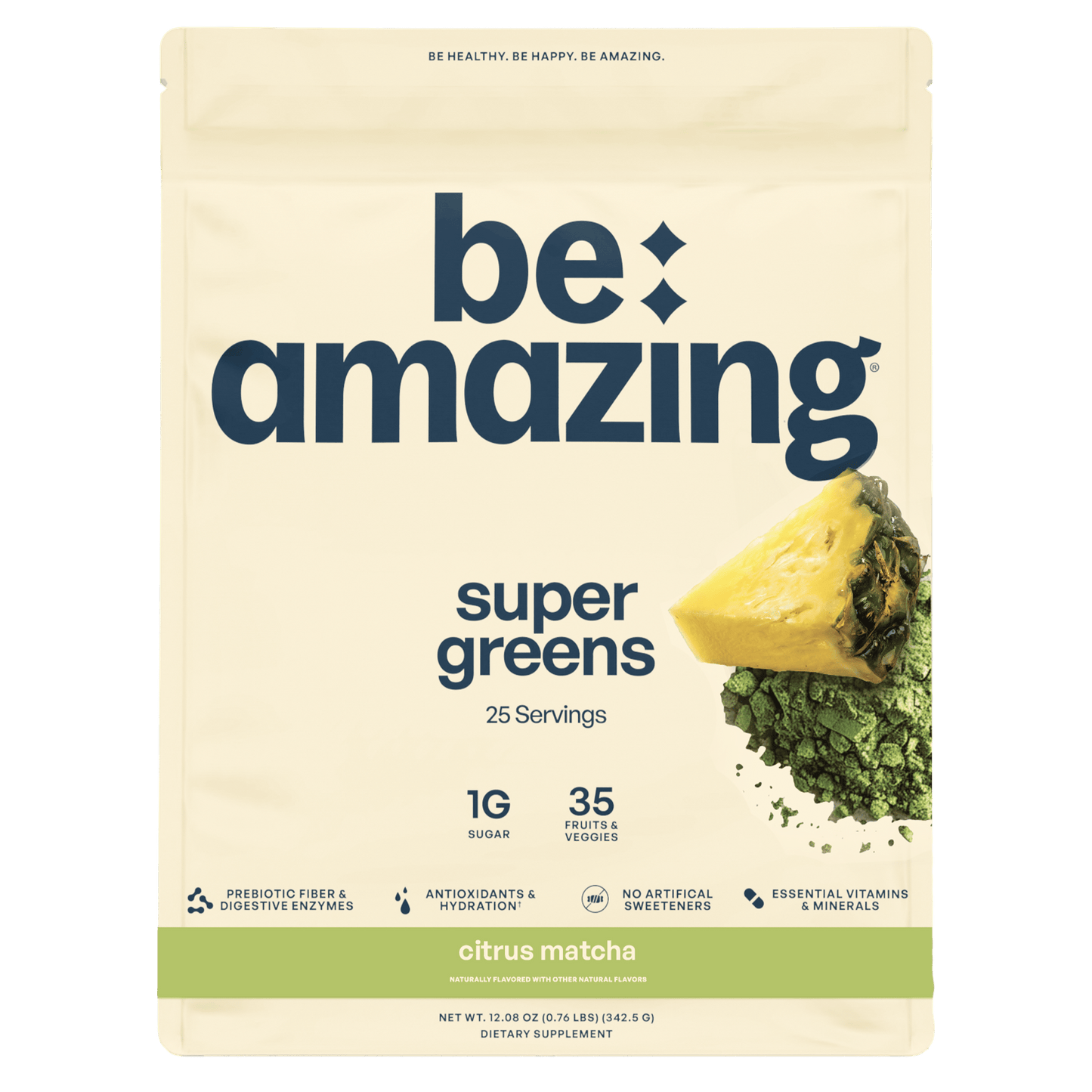 Be Amazing Citrus Matcha Super Greens powder in a container, featuring vibrant citrus and green superfood ingredients.