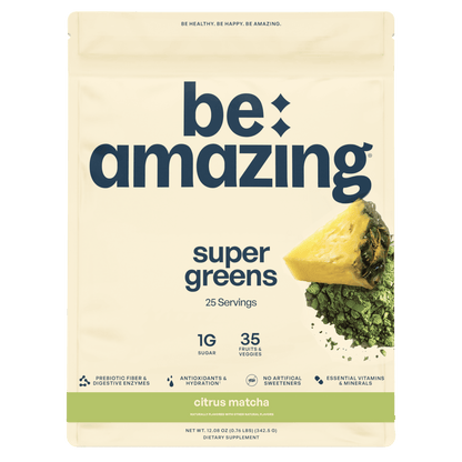 Be Amazing Citrus Matcha Super Greens powder in a container, featuring vibrant citrus and green superfood ingredients.