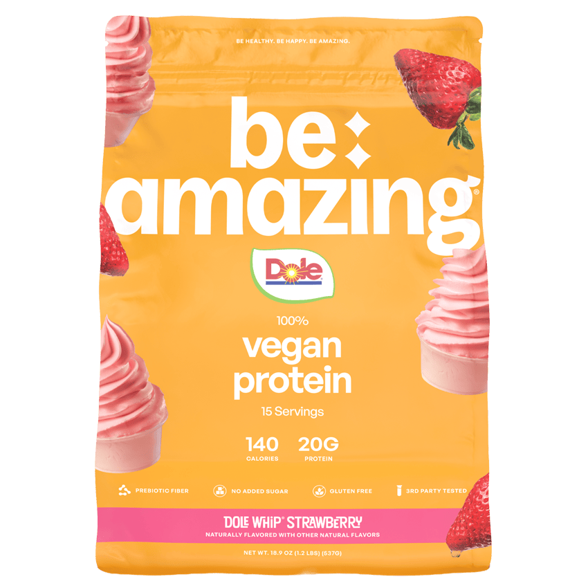 Be Amazing vegan protein powder in strawberry flavor, featuring a colorful scoop of vegan protein supplement with a strawberry in the background.