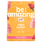Be Amazing vegan protein powder in strawberry flavor, featuring a colorful scoop of vegan protein supplement with a strawberry in the background.