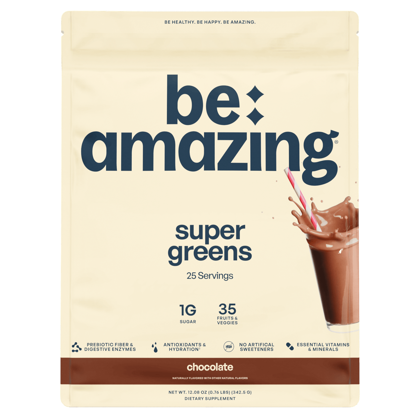 Be Amazing Super Greens powder in chocolate flavor, showing the vibrant green and chocolate packaging with a scoop of the supplement.