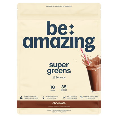 Be Amazing Super Greens powder in chocolate flavor, showing the vibrant green and chocolate packaging with a scoop of the supplement.