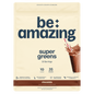 Be Amazing Super Greens powder in chocolate flavor, showing the vibrant green and chocolate packaging with a scoop of the supplement.
