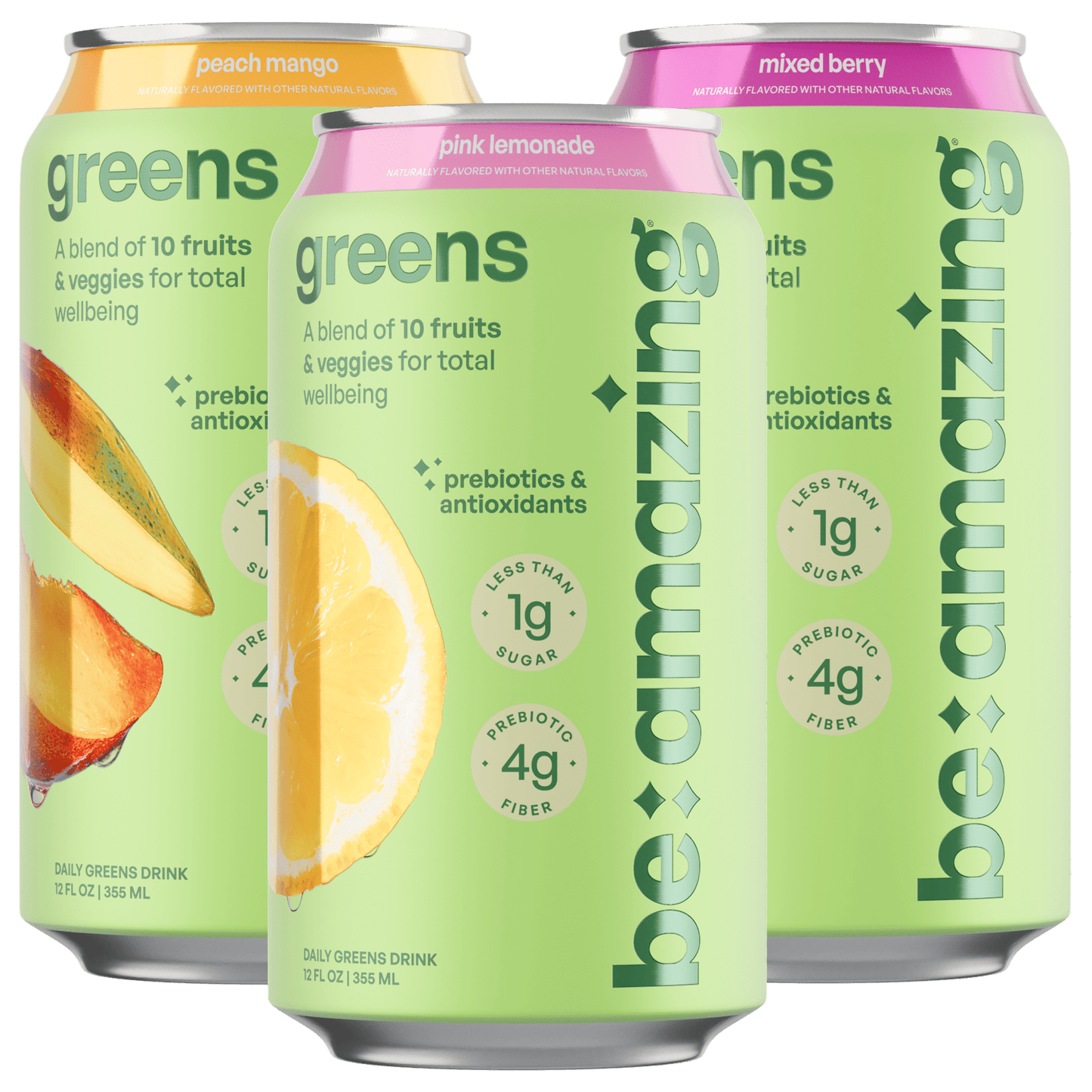 Be Amazing Daily Greens RTD drink in a colorful can, showcasing vibrant green ingredients and fresh fruit accents.