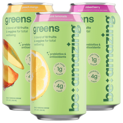 Be Amazing Daily Greens RTD drink in a colorful can, showcasing vibrant green ingredients and fresh fruit accents.