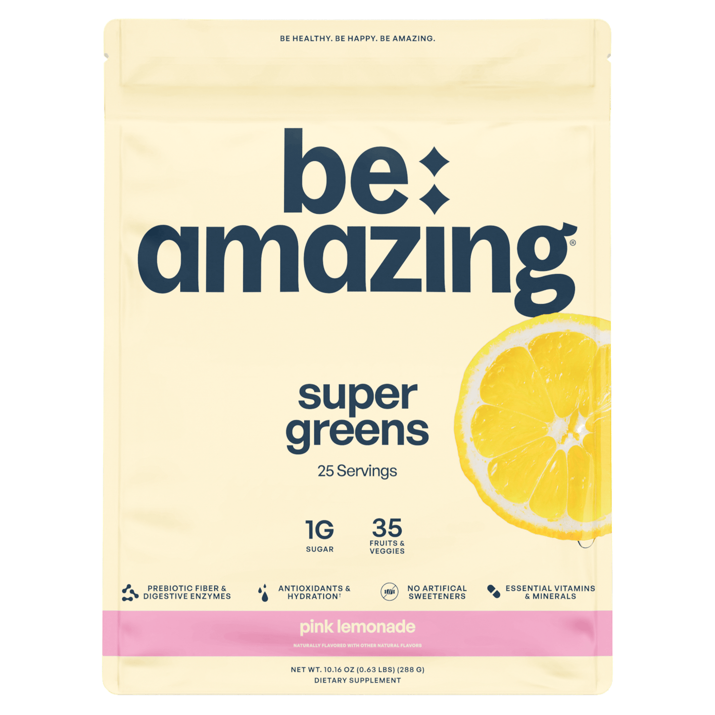 Be Amazing Pink Lemonade Super Greens powder in a container, showing the vibrant label and product packaging.