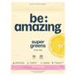 Be Amazing Pink Lemonade Super Greens powder in a container, showing the vibrant label and product packaging.