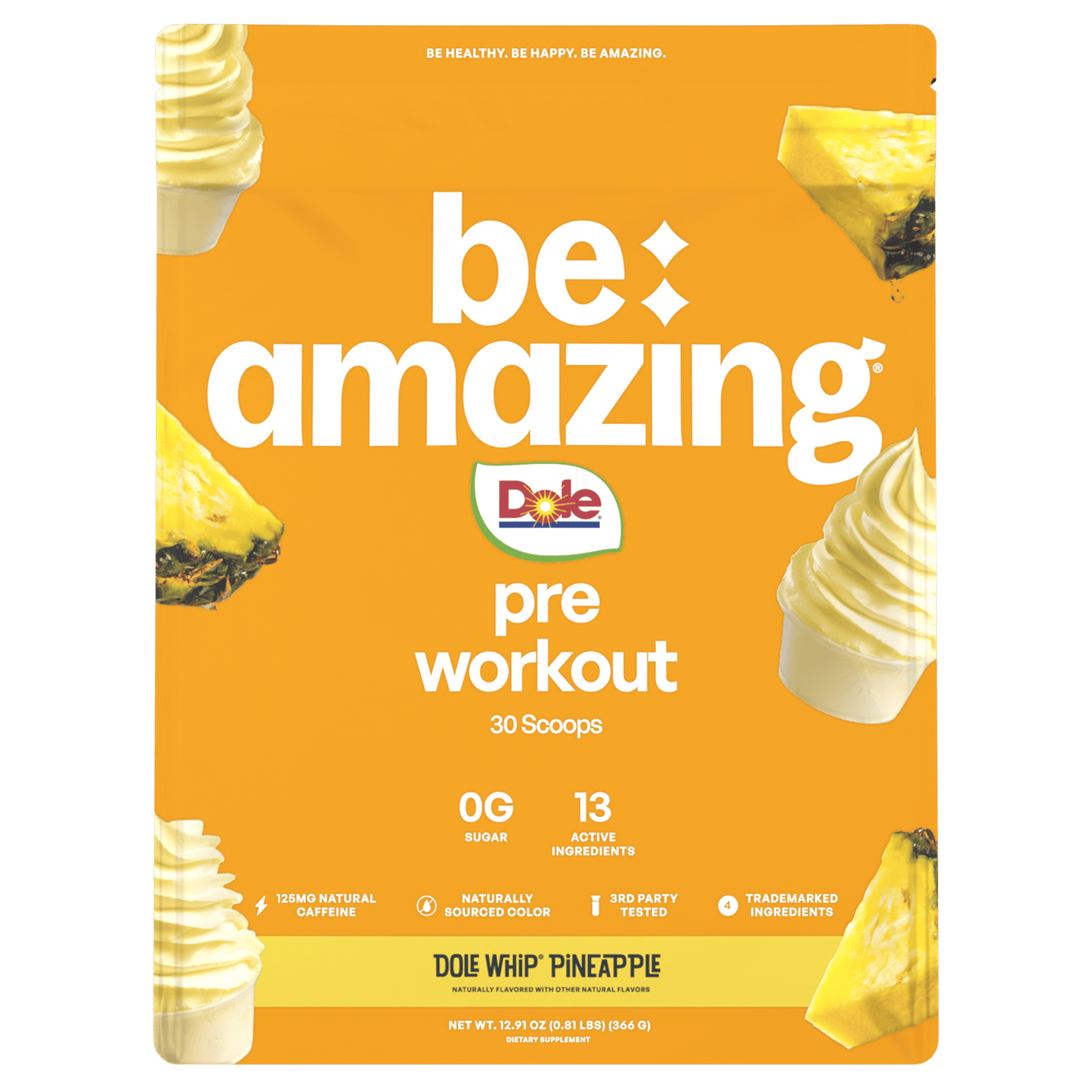 Be Amazing pre-workout supplement in pineapple flavor, featuring vibrant Dole Whip pineapple imagery.