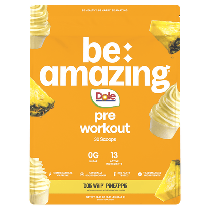 Be Amazing pre-workout supplement in pineapple flavor, featuring vibrant Dole Whip pineapple imagery.