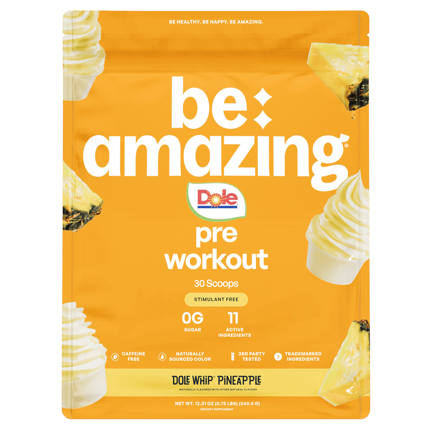 Be Amazing Pineapple Dole Whip Pre-Workout powder in a container, showing the supplement packaging with vibrant label design.