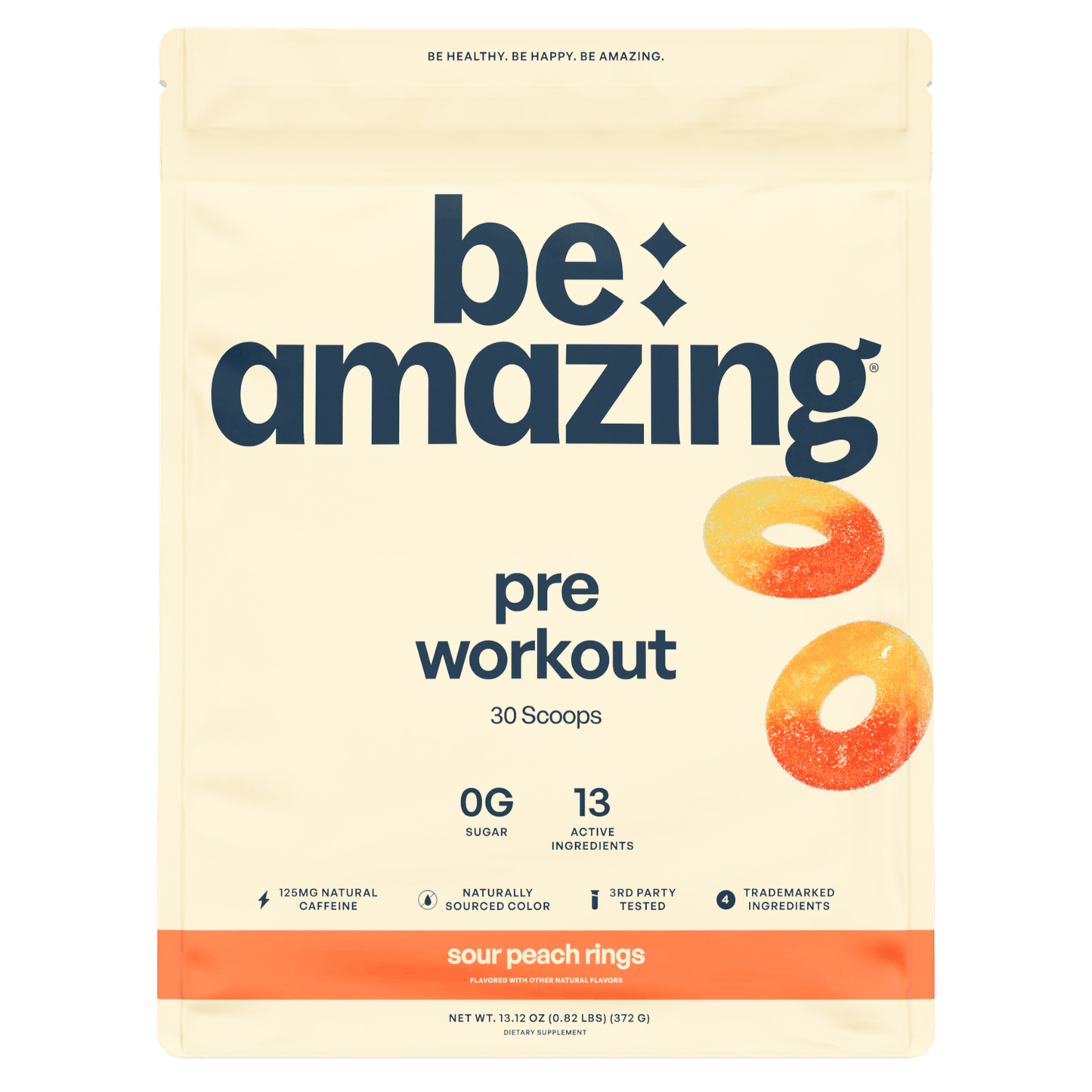 Be Amazing Peach Rings pre workout supplement in a container, showing the colorful label and product branding.