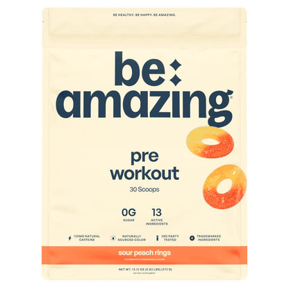 Be Amazing Peach Rings pre workout supplement in a container, showing the colorful label and product branding.