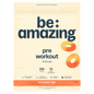 Be Amazing Peach Rings pre workout supplement in a container, showing the colorful label and product branding.