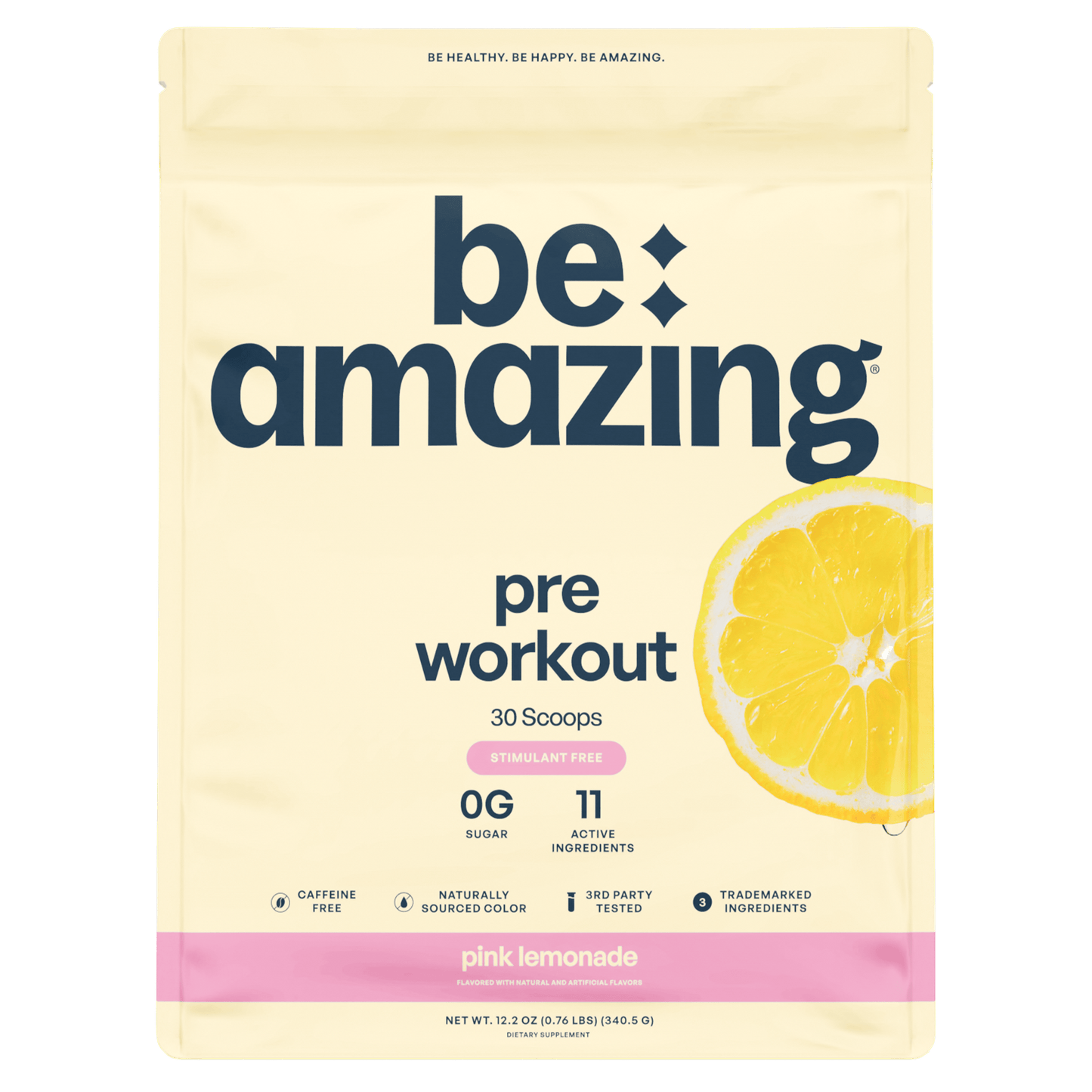 Be Amazing pink lemonade pre-workout supplement in a container, featuring the label with product name and brand.