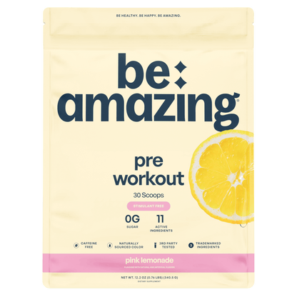 Be Amazing pink lemonade pre-workout supplement in a container, featuring the label with product name and brand.