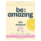 Be Amazing pink lemonade pre-workout supplement in a container, featuring the label with product name and brand.