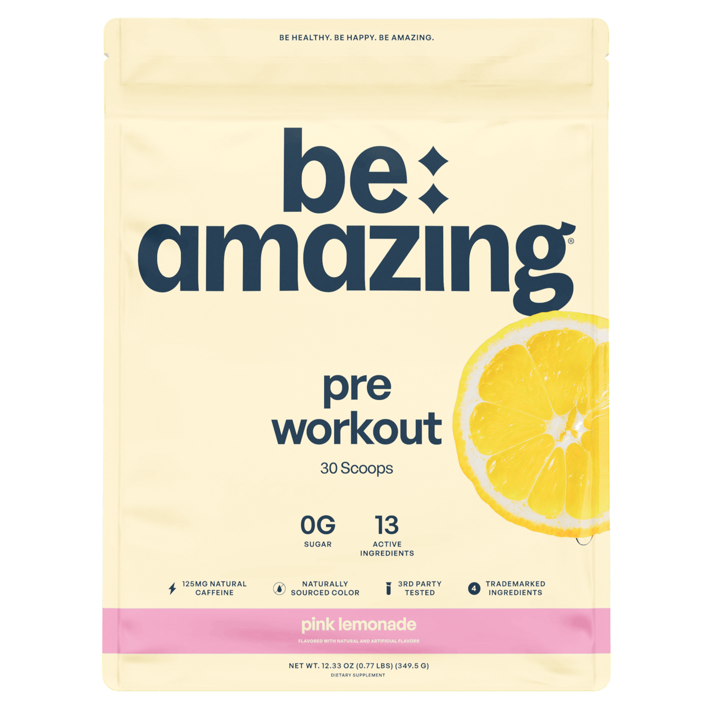Be Amazing Pink Lemondade pre-workout powder in a plastic container with label, ready for fitness supplementation.