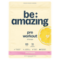 Be Amazing Pink Lemondade pre-workout powder in a plastic container with label, ready for fitness supplementation.