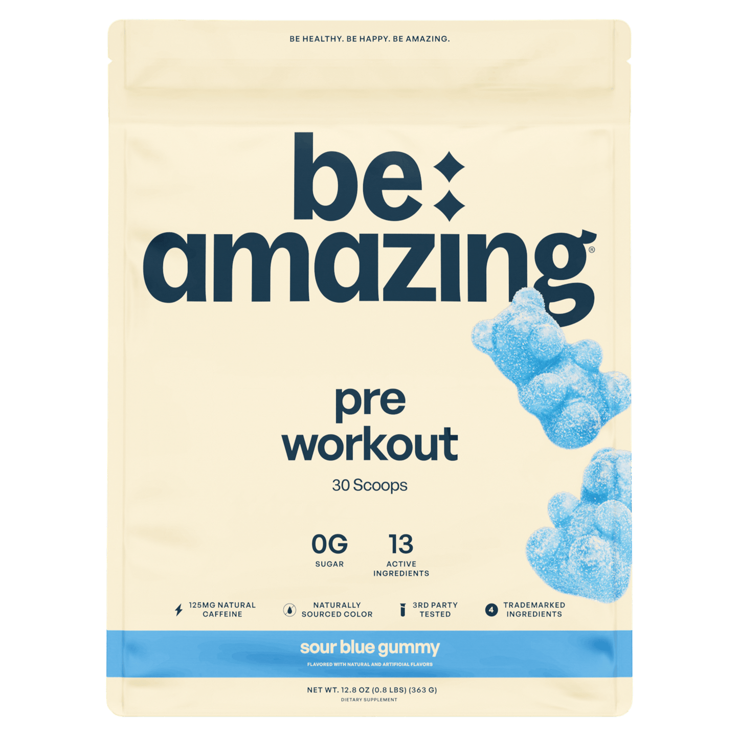 Be Amazing sour blue gummy pre-workout supplement in clear container, showcasing vibrant blue gummies for energy and focus.