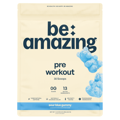 Be Amazing sour blue gummy pre-workout supplement in clear container, showcasing vibrant blue gummies for energy and focus.
