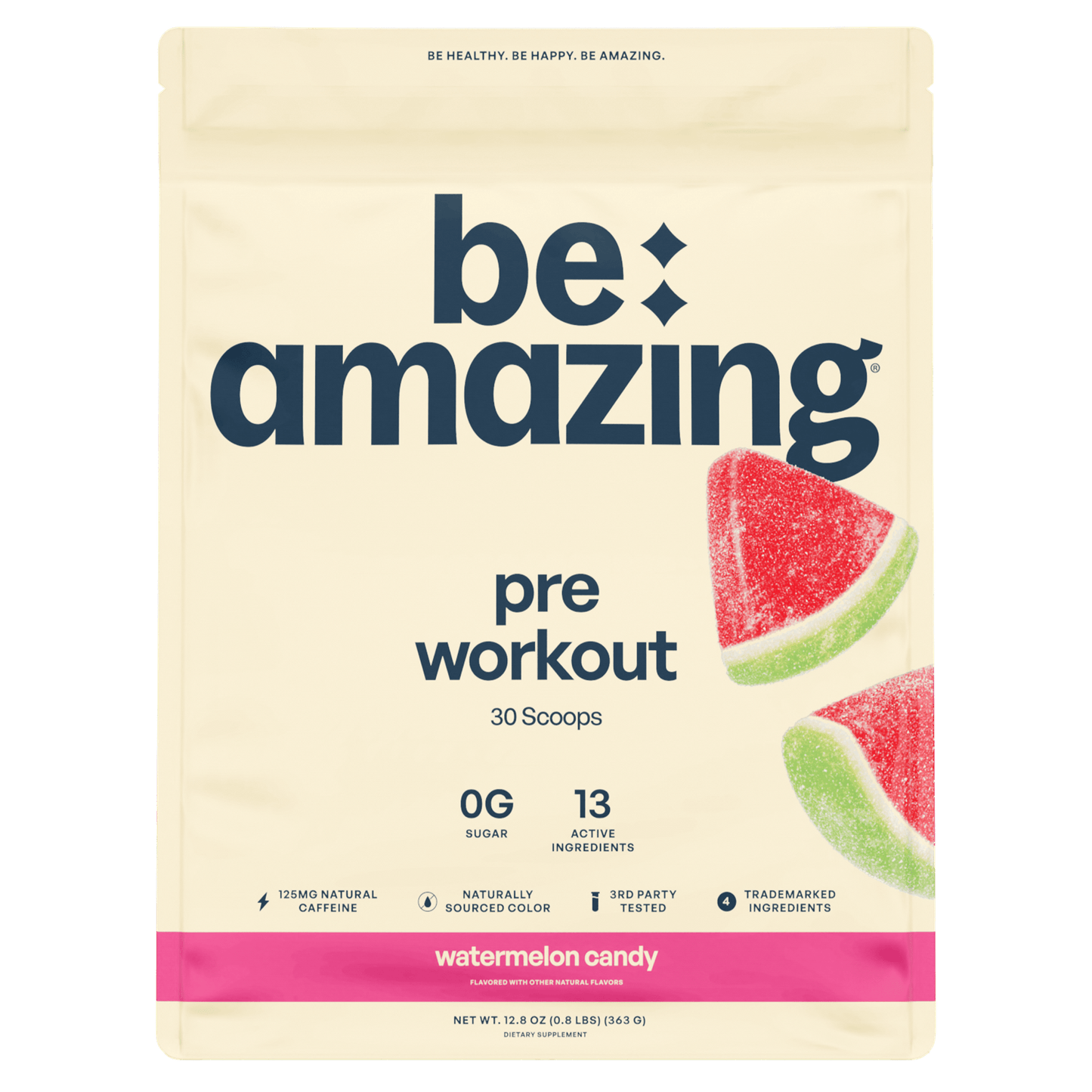 Be Amazing watermelon candy pre-workout supplement in a container with scoop and label, designed to boost energy during workouts.