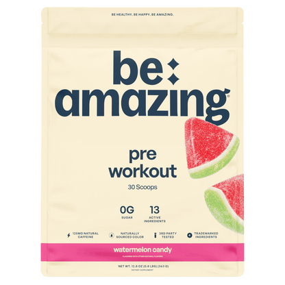 Be Amazing watermelon candy pre-workout supplement in a container with scoop and label, designed to boost energy during workouts.