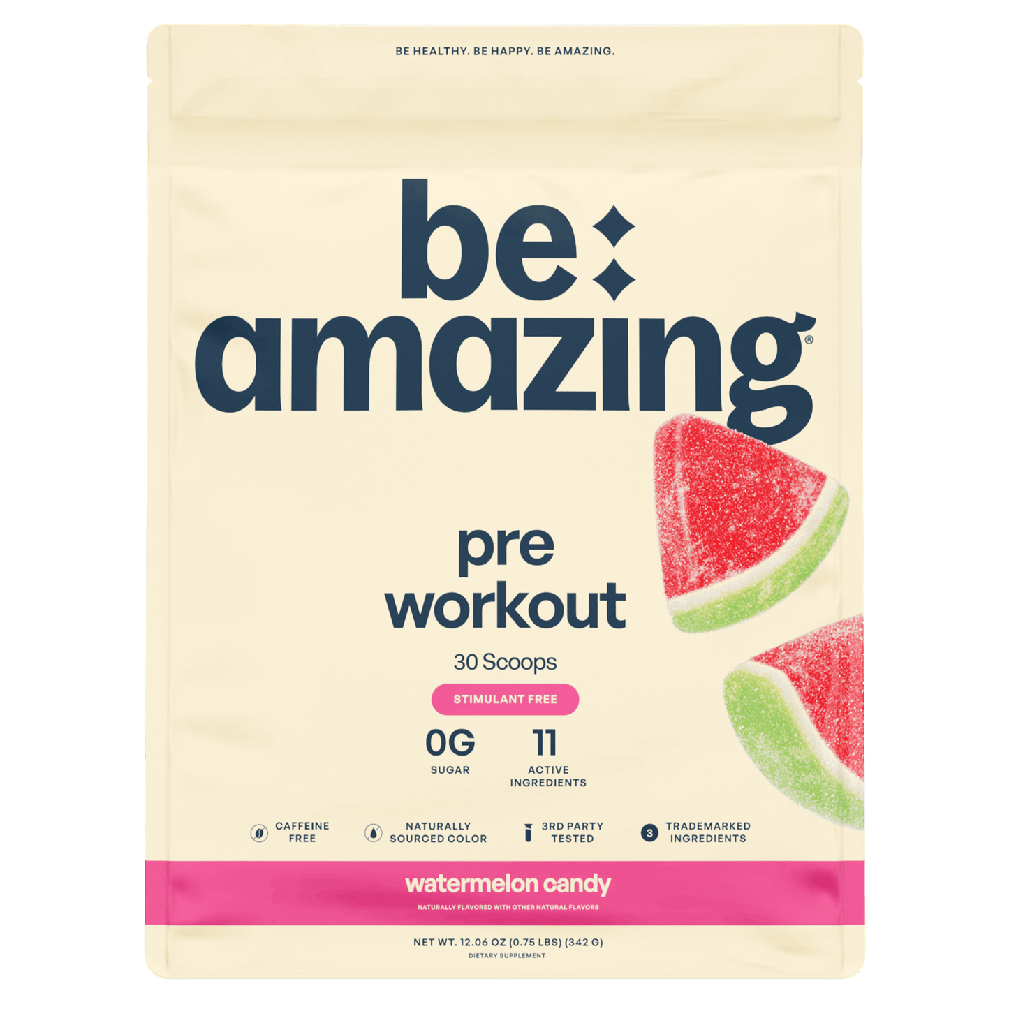 Be Amazing watermelon candy pre-workout powder in a container, stimulant-free supplement for energy and endurance.