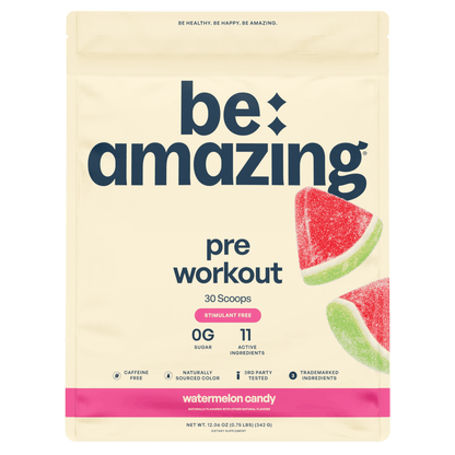 Be Amazing watermelon candy pre-workout powder in a container, stimulant-free supplement for energy and endurance.