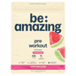 Be Amazing watermelon candy pre-workout powder in a container, stimulant-free supplement for energy and endurance.