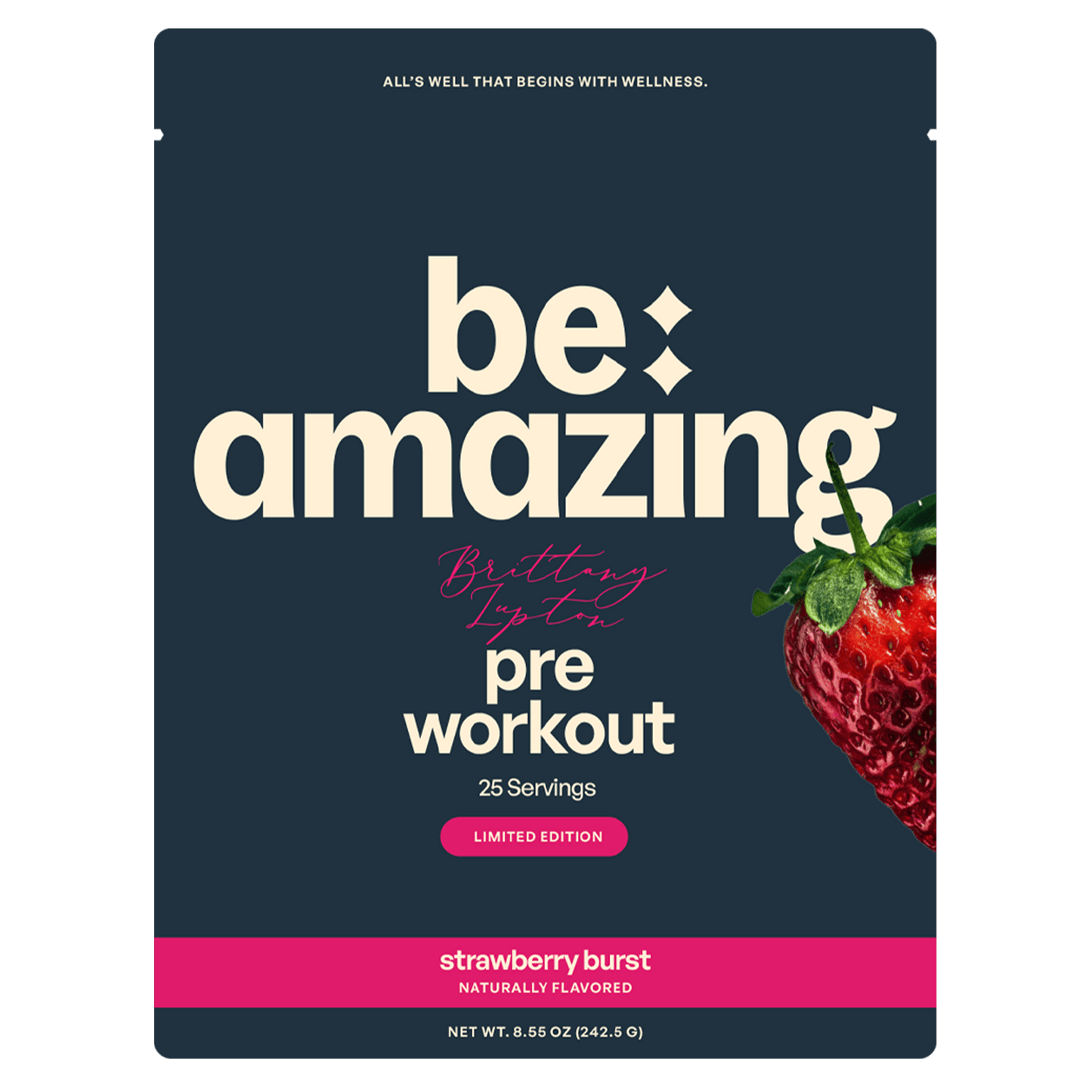 Be Amazing strawberry burst pre-workout powder in a container, with the label visible on the packaging.
