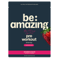 Be Amazing strawberry burst pre-workout powder in a container, with the label visible on the packaging.