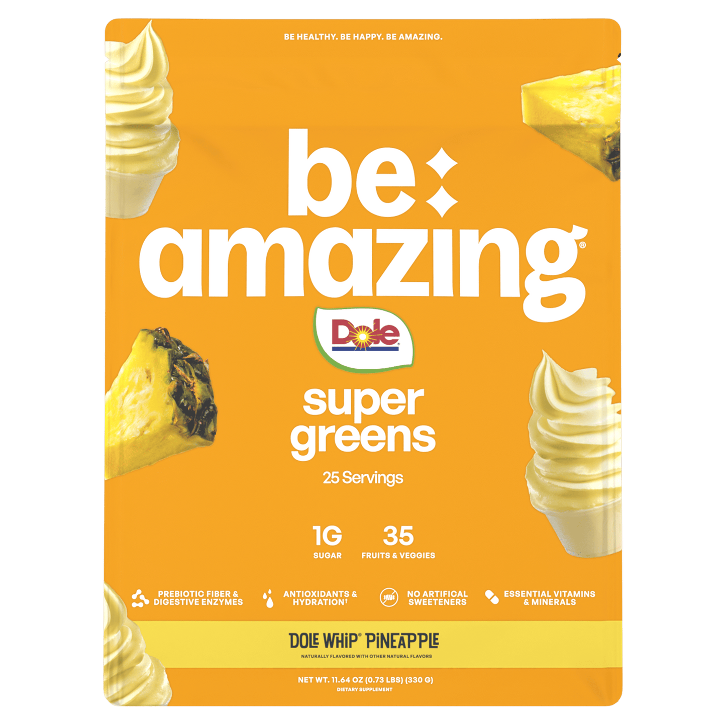 Be Amazing Super Greens powder in a container with a Dole Whip Pineapple flavor label, showcasing vibrant green supplement packaging.