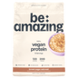 Be Amazing vegan protein powder with brown sugar and oatmeal flavor, showing the container and scoop on a neutral background.