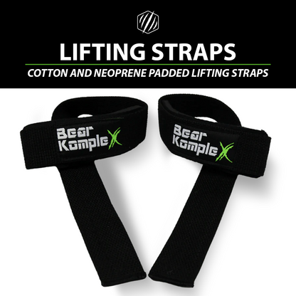 Pair of Bear KompleX lifting straps with black and red design, used for weightlifting and strength training support.