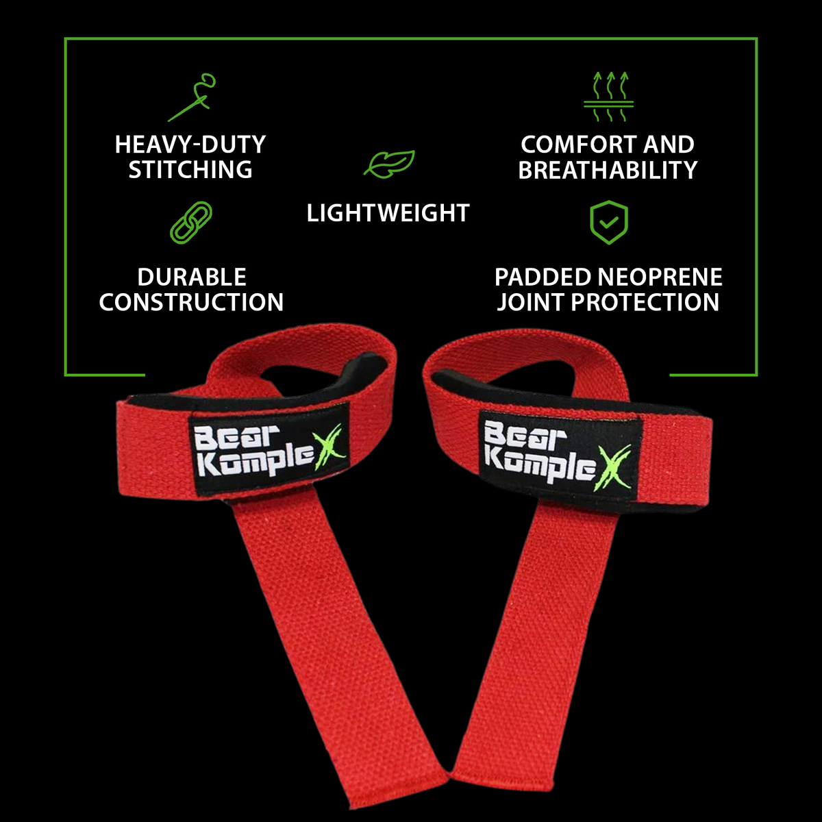 Pair of Bear KompleX lifting straps with padded handles and durable material for weightlifting and strength training.