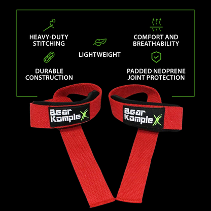Pair of Bear KompleX lifting straps with padded handles and durable material for weightlifting and strength training.