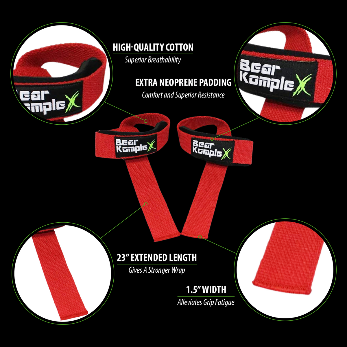 Pair of Bear KompleX lifting straps with durable fabric and reinforced stitching for improved grip during weightlifting.