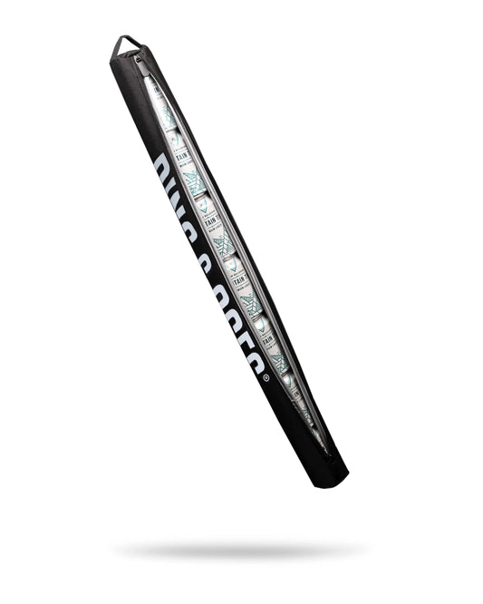Black Pins and Aces beer sleeve, drinkware accessory, showing its soft, insulated fabric design for keeping drinks cold.