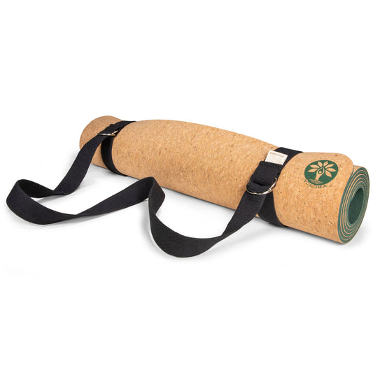 Black Yoloha Yoga sling and strap for yoga mats, designed for easy carrying and storage of yoga mats and accessories.