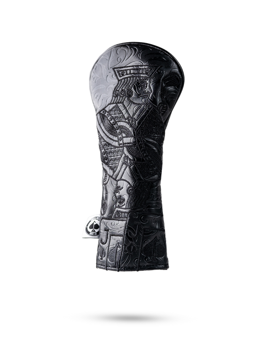 Blackout Jack of Spades hybrid golf club headcover by Pins and Aces, black with spade design and padded to protect clubs.