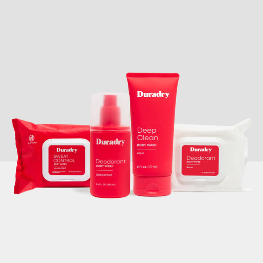 Duradry Body Care Starter Kit with soap, moisturizer, and deodorant for healthy skin and odor control.
