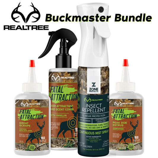 Realtree Buckmaster Bundle by Zone Protects includes deer attractants and insect repellent for hunting and wildlife management.