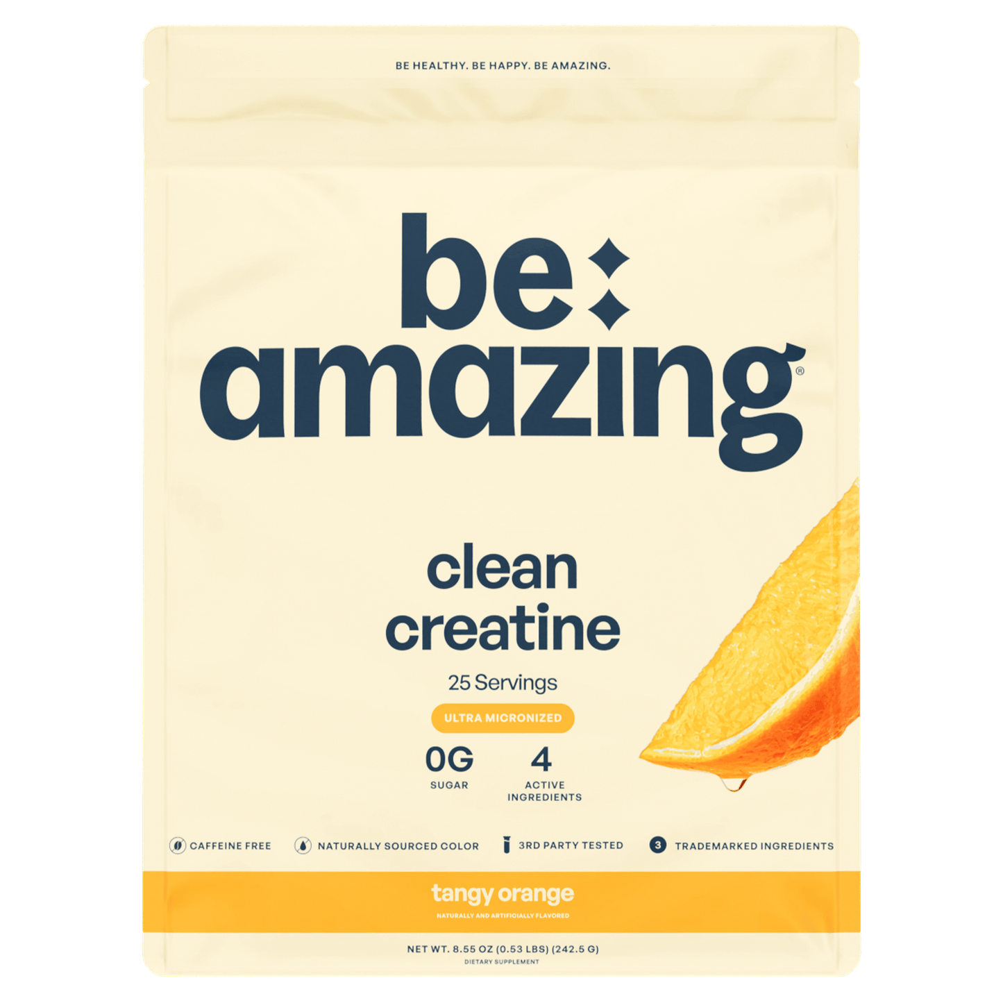 Be Amazing Clean Creatine powder in Tangy Orange flavor, showing the bright orange container with the label and scoop.