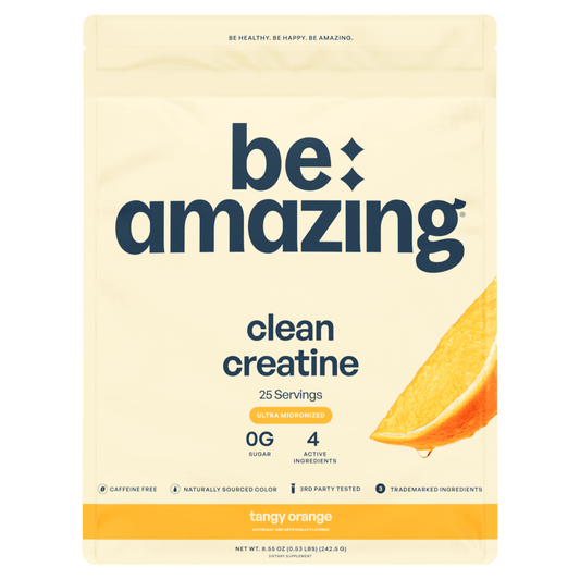 Be Amazing Clean Creatine powder in Tangy Orange flavor, showing the bright orange container with the label and scoop.