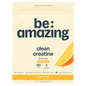 Be Amazing Clean Creatine powder in Tangy Orange flavor, showing the bright orange container with the label and scoop.