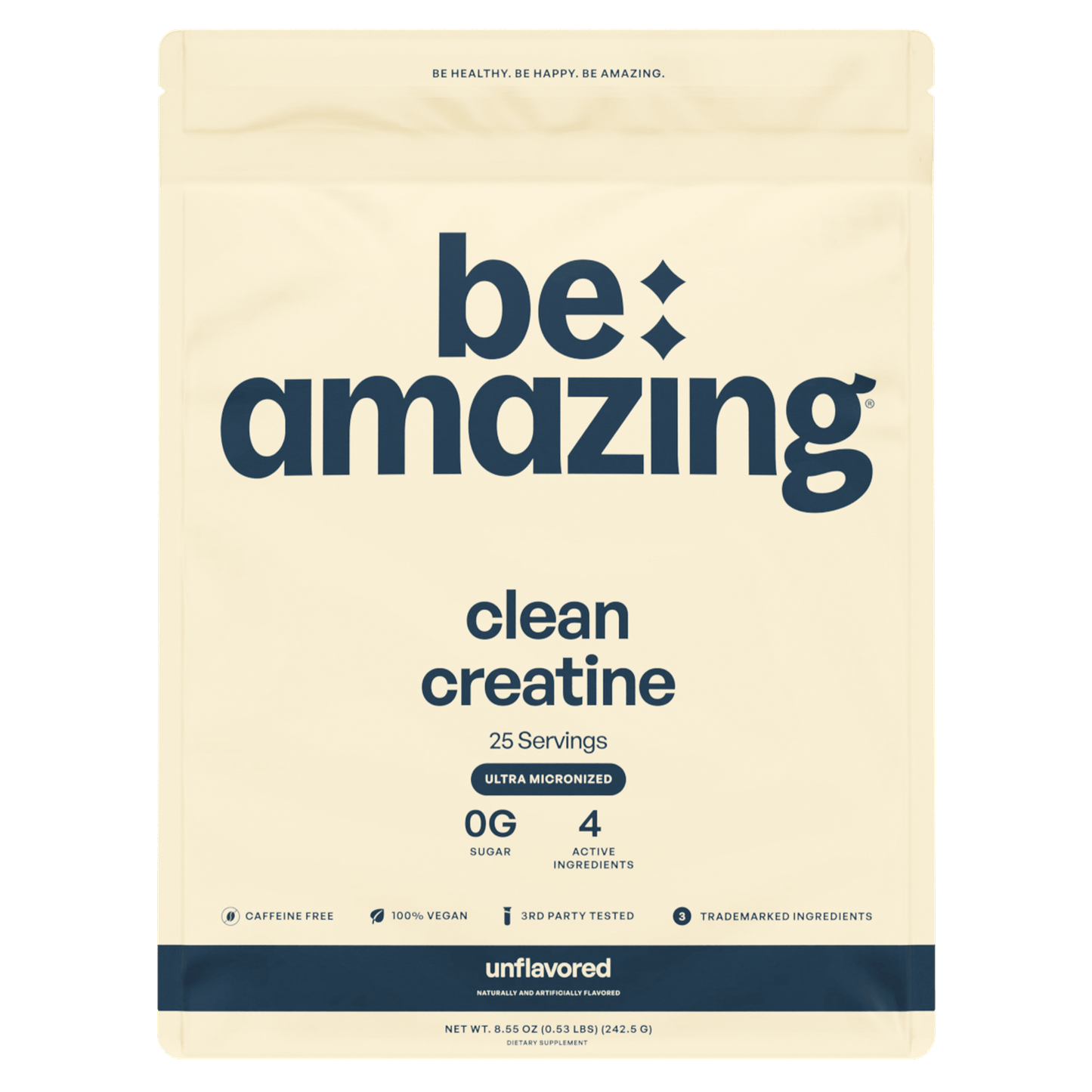 Unflavored Be Amazing Clean Creatine powder in a clear container with a white lid, labeled as a dietary supplement for fitness.